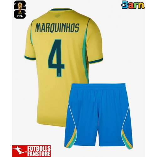 Brasilien Marquinhos #4 Hemmatröja Barn VM 2026 Kortärmad (+ Korta byxor)