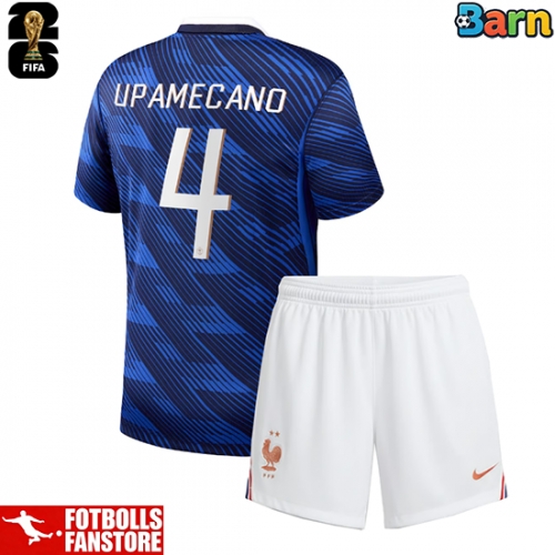 Frankrike Dayot Upamecano #4 Hemmatröja Barn VM 2026 Kortärmad (+ Korta byxor)