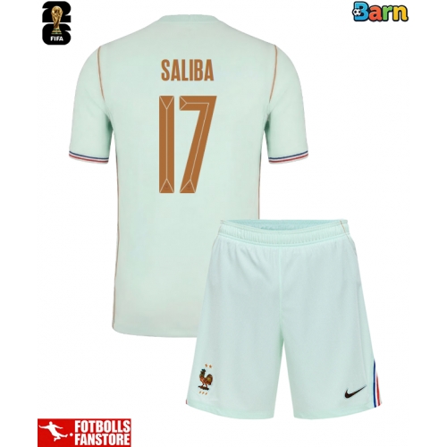Frankrike William Saliba #17 Bortatröja Barn VM 2026 Kortärmad (+ Korta byxor)