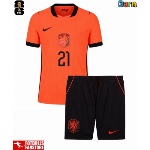 Nederländerna Frenkie de Jong #21 Hemmatröja Barn VM 2026 Kortärmad (+ Korta byxor)